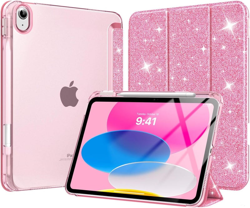 MoKo for iPad (A16) 11th Generation Case 11 Inch 2025, iPad 10th Generation Case 10.9 Inch 2022 with Pencil Holder, Slim Light Trifold Protective Cover with Hard PC Translucent Back Shell,Glitter Pink - Image 1